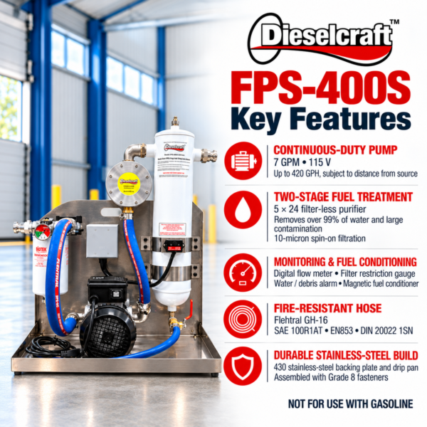 Dieselcraft FPS-400S stationary fuel polishing system - features
